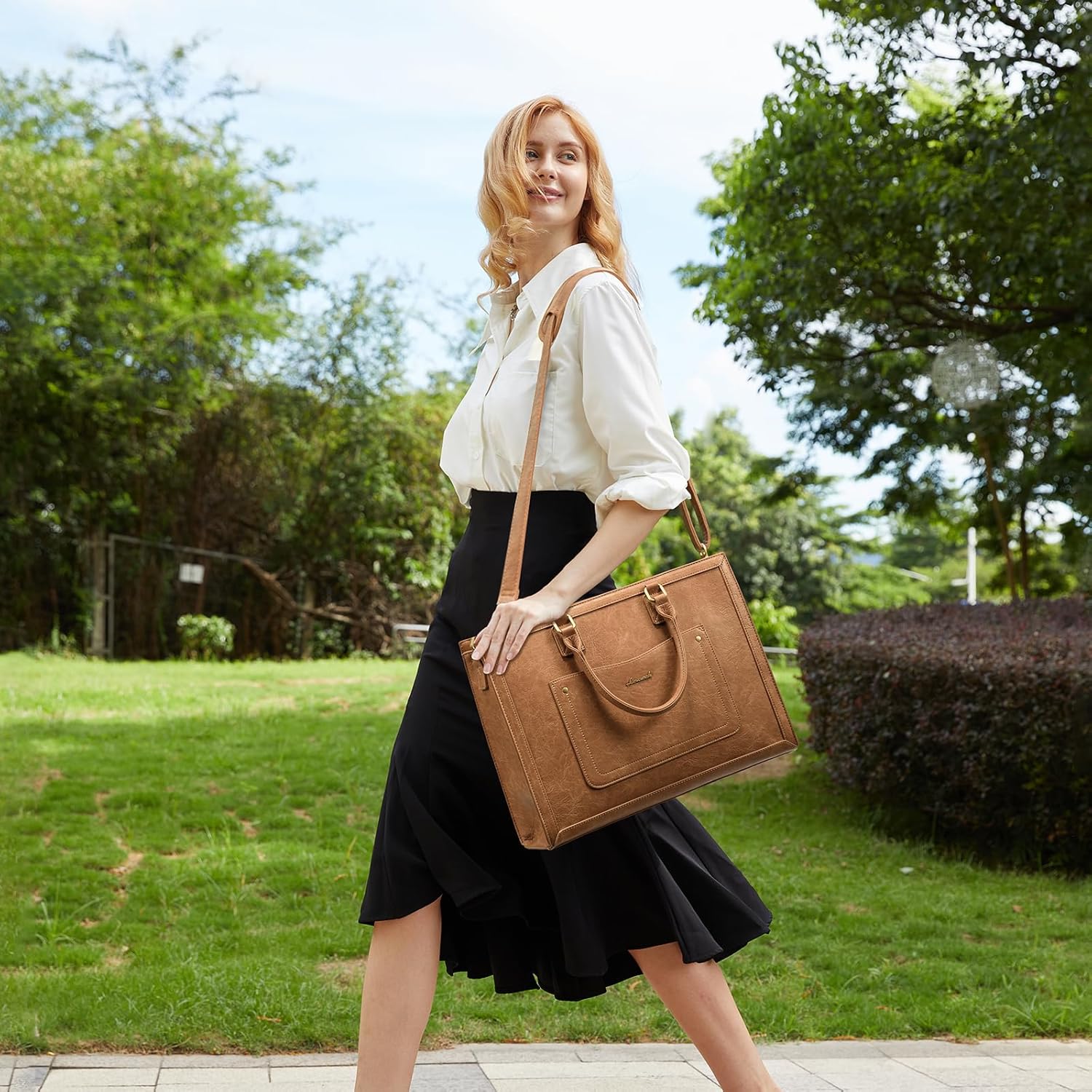 LOVEVOOK Laptop Tote Bag for Women, 15.6 Inch Work Bags, Vintage Leather Tote Bag, Waterproof