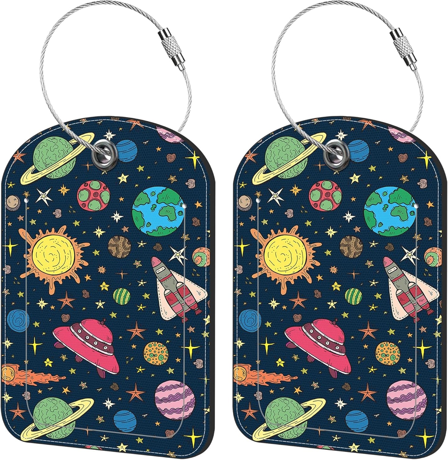 2 Pack Cute Luggage Tag for Suitcases Space Planets Leather Luggage Tags with Stainless Steel Loop Privacy Flap Name Tags,Men and Women Travel Bag Suitcase Tags