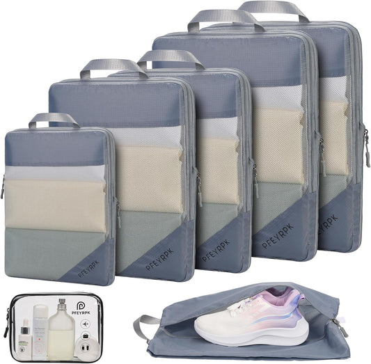 Lightweight Compression Packing Cubes for Suitcases, Compressible Expandable Travel Packing Organizer with Clear Toiletries and Backpack Bag, Travel Essentials for Carry on Luggage 7 Set
