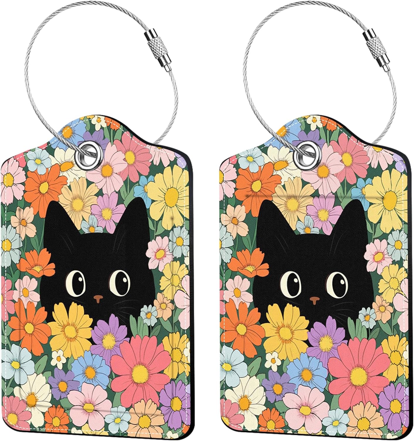 2 Pcs Colorful Cat Luggage Tags for Suitcase, Leather Luggage Tags Cute, Privacy Cover ID Label