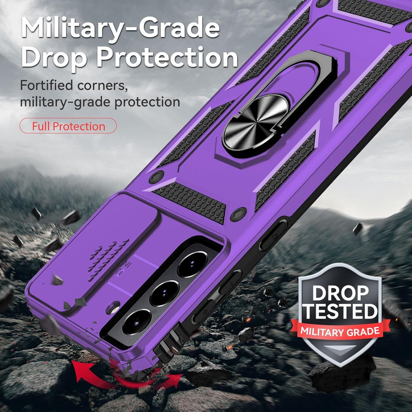 for Samsung S21 FE Case with Screen Protector: [Military Grade 20ft. Drop Tested] Ring Shockproof Protective Phone Case for -Samsung Galaxy S21 FE (Purple)