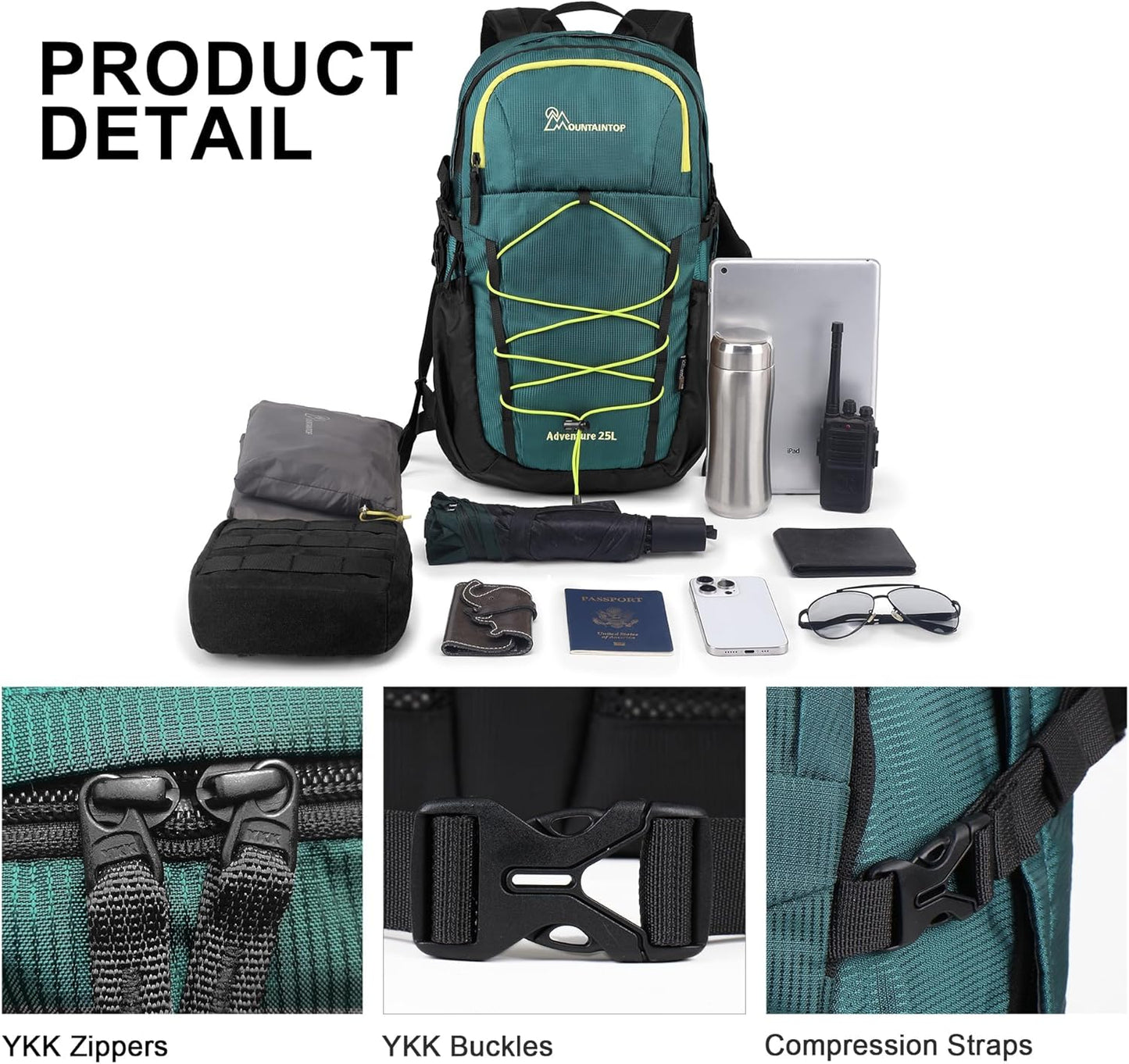 MOUNTAINTOP Hiking Backpack,25L Camping Backpack, Men Women Hiking Daypack Lightweight Travel Backpack for Climbing(Deep Green)