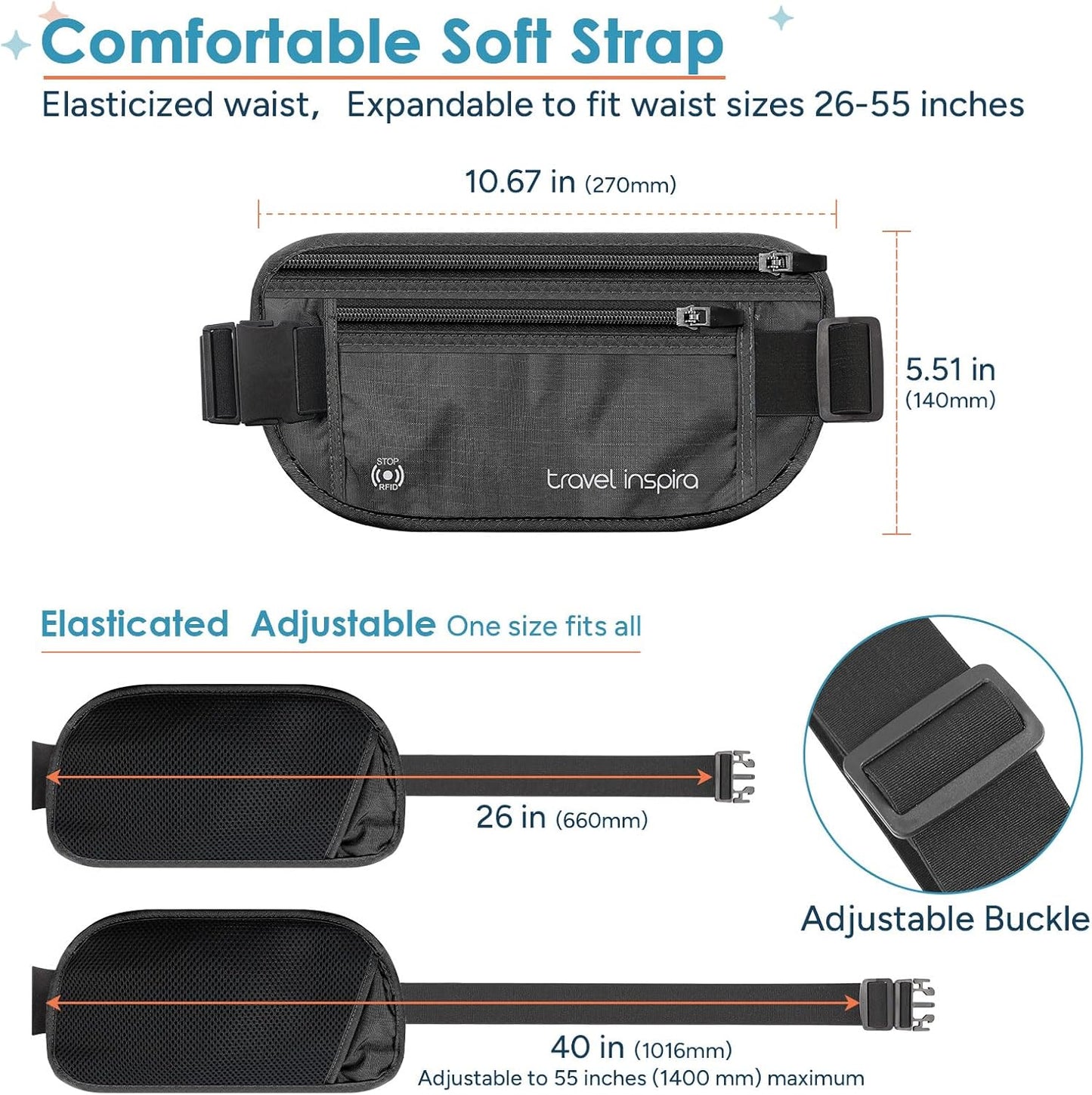 travel inspira Travel Money Belt with Slim Anti-Theft RFID Blocking Passport Holder for Travel Concealed under Clothes for Ultimate Protection of Credit Cards, Cash, Passport & Documents, Black