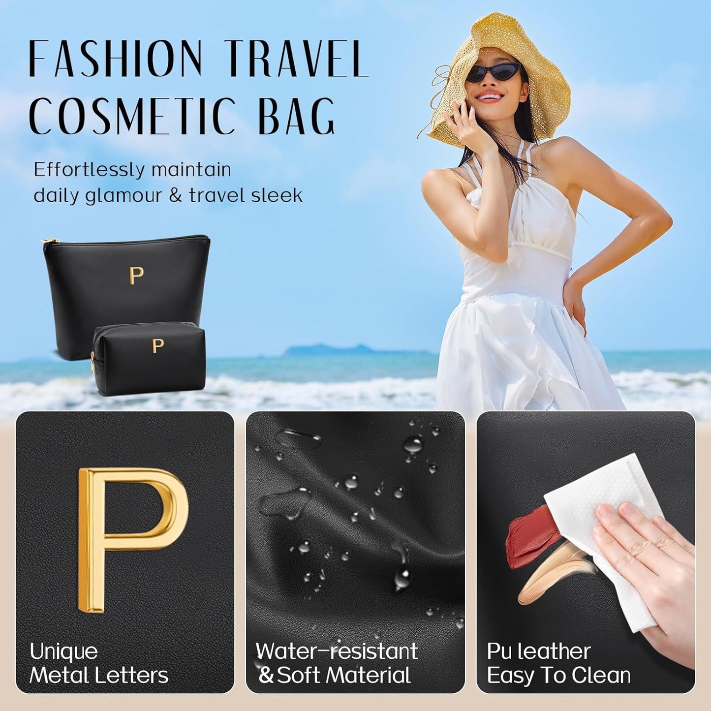 Women Gifts | Initial Makeup Bag Set for Girl Personalized Gifts for Bridesmaid Friend Graduation Teachers PU Leather Cosmetic Travel Toiletry Bag(Black,P)