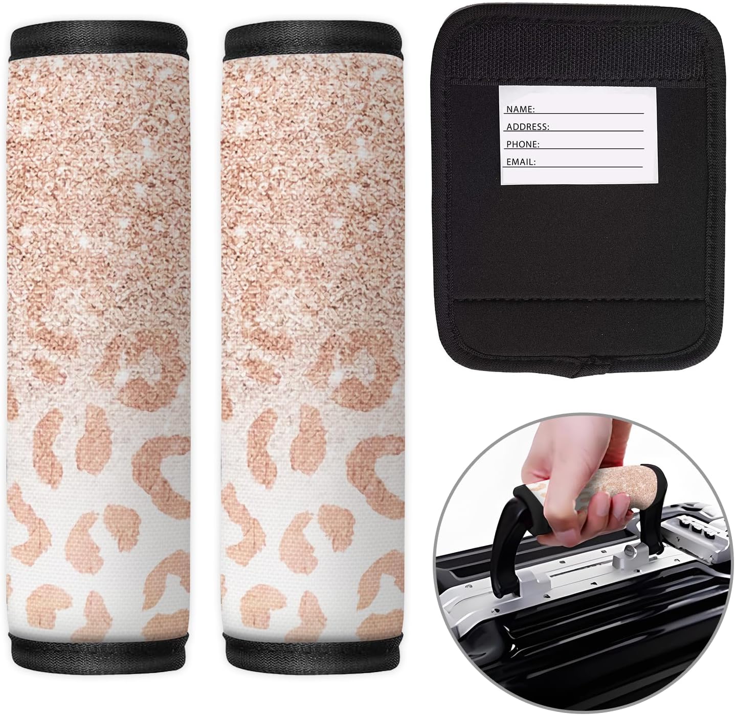 2 Pack Luggage Handle Wrap Travel Tags - Set of Luggage Tags for Suitcases, Identifiers, Marker, and Handle Covers - Cruise Accessories and Travel Gifts（Pink Leopard
