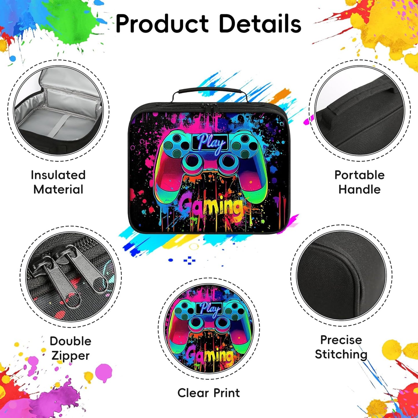 Gamer Lunch Box for Boys, Insulated Reusable Video Game Lunch Bag Portable Waterproof Leakproof Lunch Tote Bag Game boy Lunch Box for School Picnic Travel Back to School Gifts (playing game)