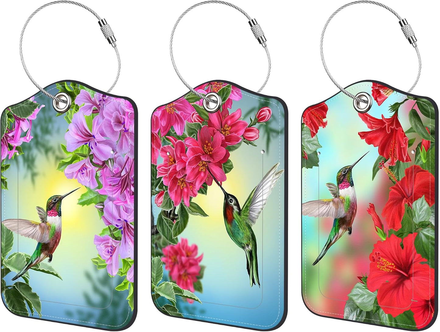 3 Pack PU Leather Luggage Tag for Suitcase Hummingbird with Hibiscus Suitcase Tags with Privacy Name ID Label and Stainless Steel Loop for Travel Bag