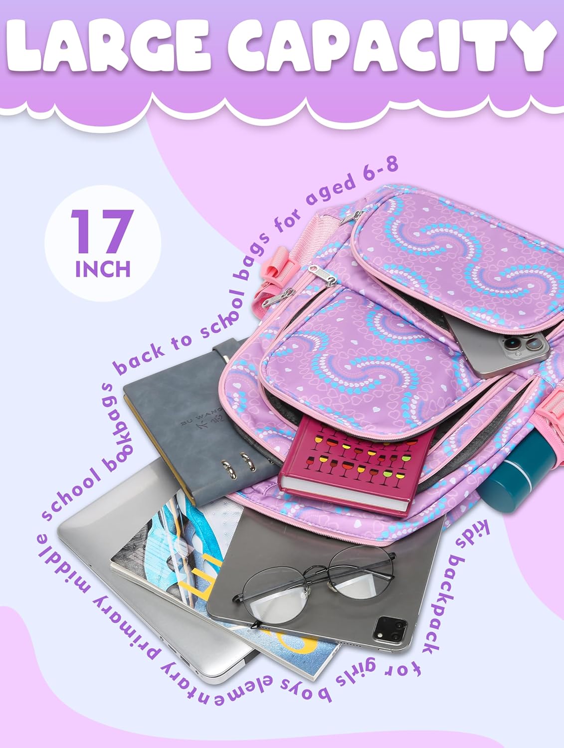 BLUEFAIRY Kids Backpacks for Boys Girls Elementary Primary Middle School Bookbags Back to School Bags for Childs Age 6-8 Mochilas Escolares para Niños Niñas 17 Inch Purple