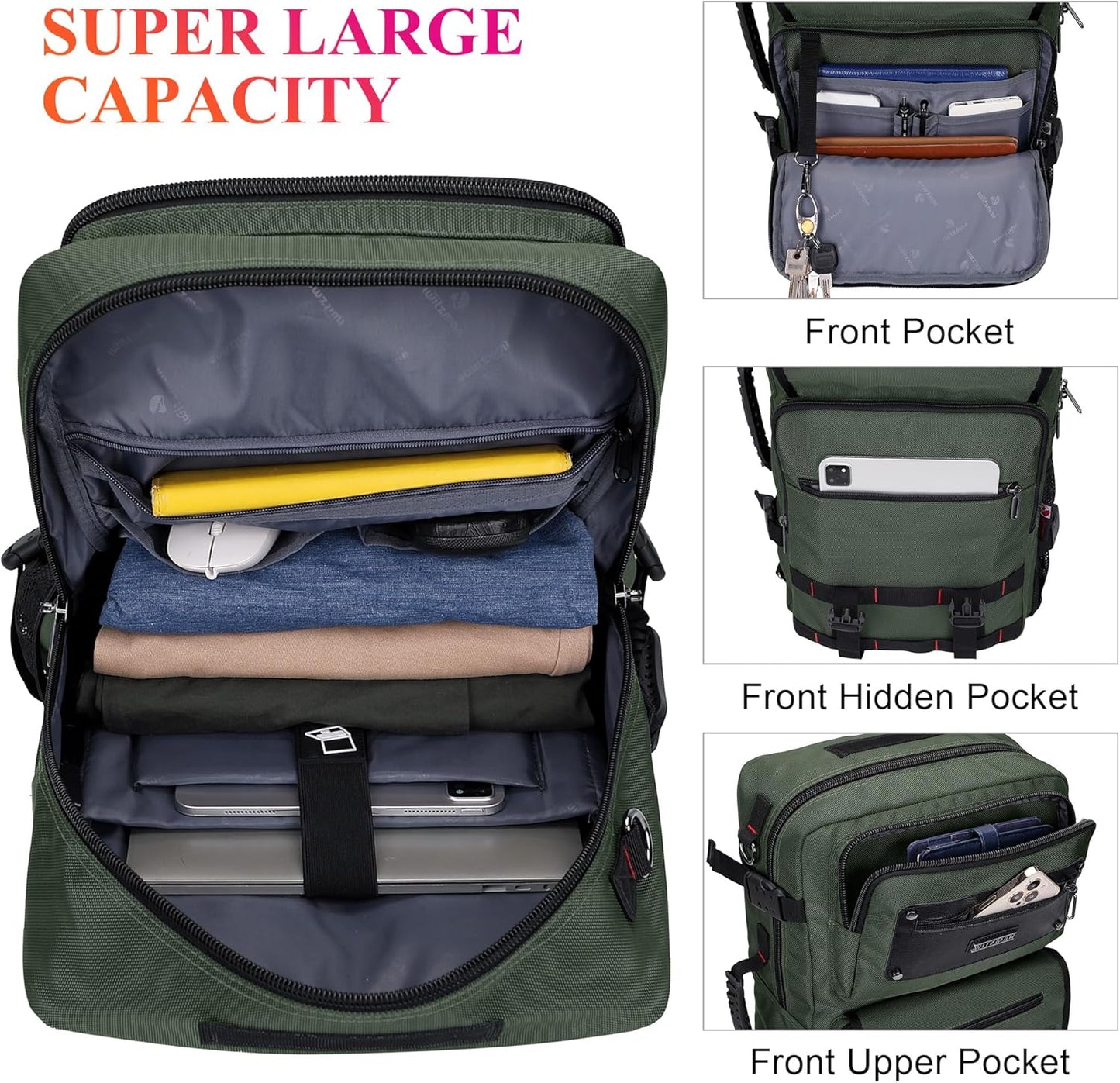 WITZMAN Carry On Travel Backpack for Men Duffle Bags Fit 17 Inch Laptop Airline Approved Laptop Backpack(B685 Army Green)