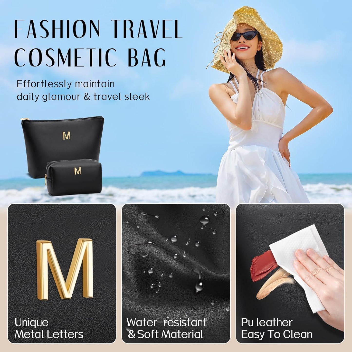 Women Gifts | Initial Makeup Bag Set for Girl Personalized Gifts for Bridesmaid Friend Graduation Teachers PU Leather Cosmetic Travel Toiletry Bag(Black,M)