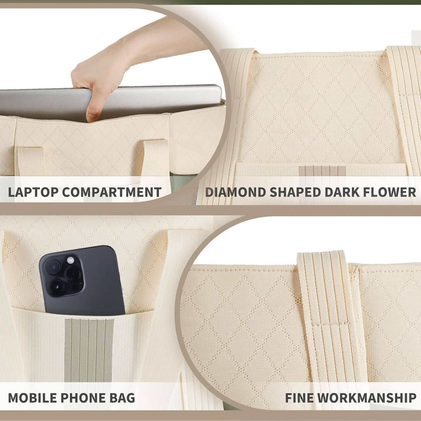 Large Canvas Tote Bag,White and Green, with Laptop Sleeve and Multiple Pockets