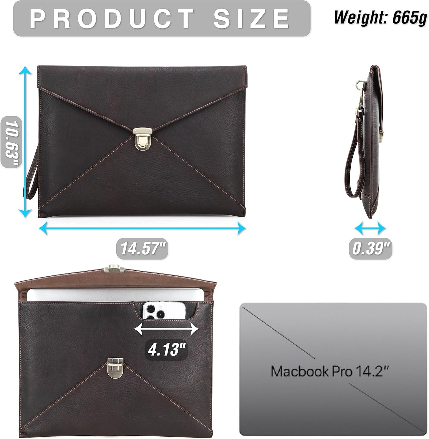 Top Grain Leather 14.2" Slim Laptop Bag Case, Envelope Style, Removable Wristlet & 3 Pockets, Fits MacBook Pro 14 Inch 2021 2022 M1 Pro/M1 Max A2442 & Other Laptop, Black Coffee 14.2 Inch
