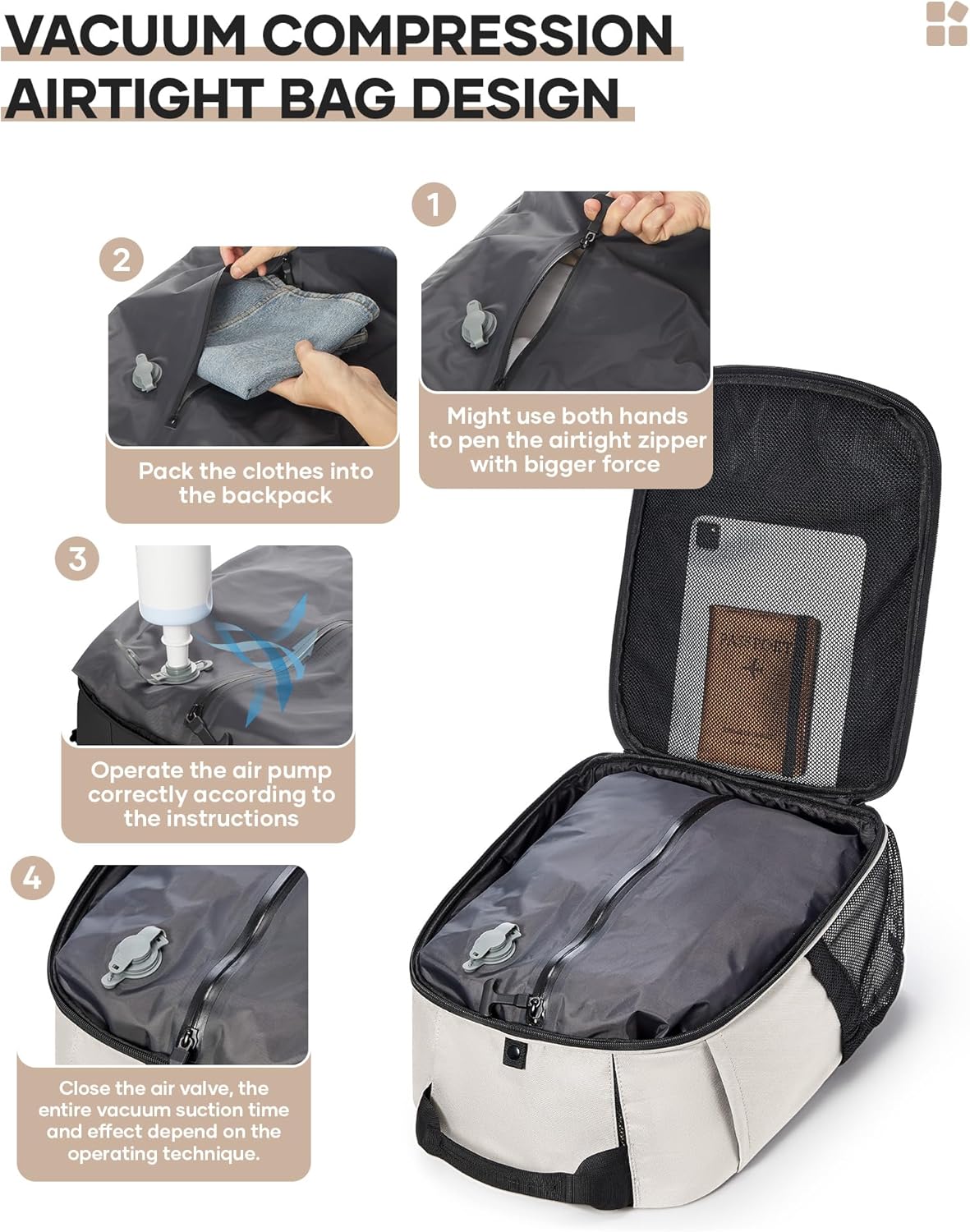 Vacuum Backpack Travel with Pump,Travel Backpack with Vacuum System,Vacuum Seal Compression Bags Clothing Vacpack,United Airlines Personal Item Bag 17x10x9,Laptop Backpacks,Beige