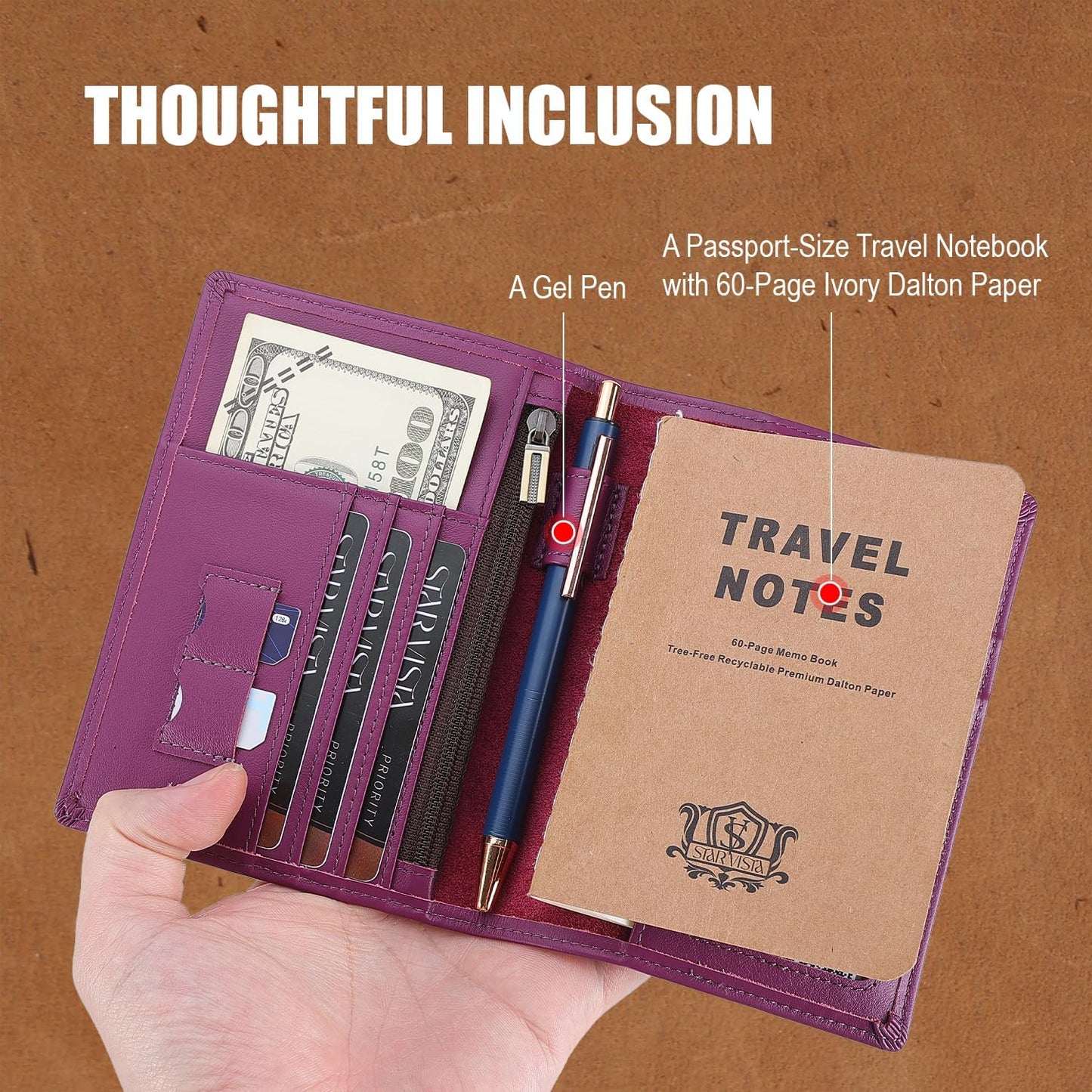 STAR VISTA Phoenix Leather Passport Holder, Calfskin Travel Wallet - RFID Blocking, ID Window, Zipper Pocket, Pen & Notebook Included, Violet