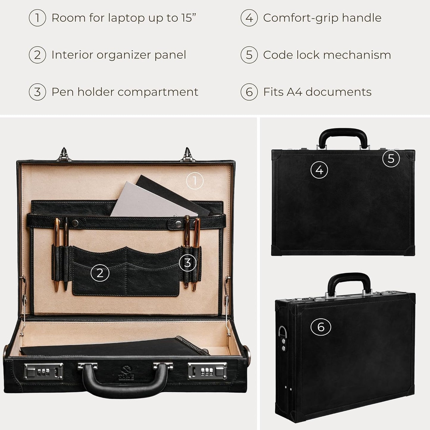 Time Resistance Leather Attache Case - Full Grain Italian Leather Briefcase - Laptop Bag up to 15”