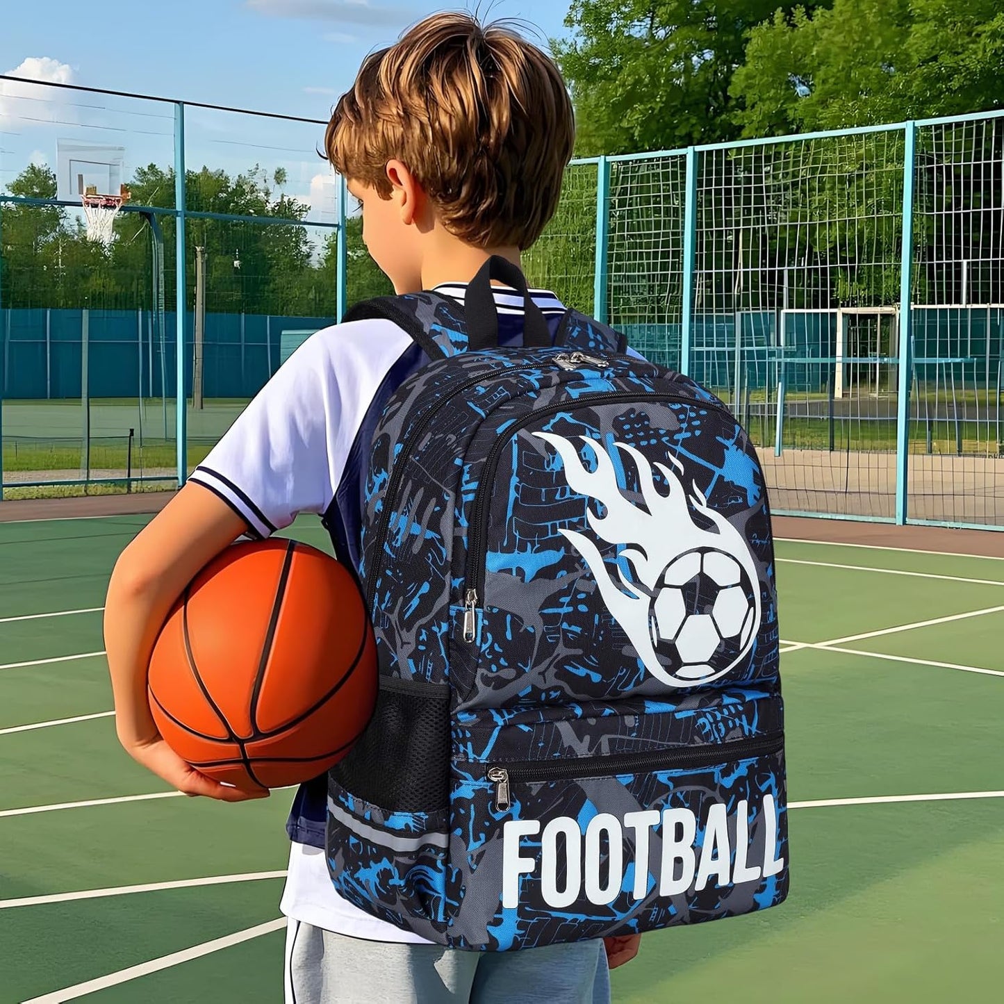 Octsky Kids School Backpack for Boys, Luminous Soccer Backpack Bookbag with Lunch Box, Blue