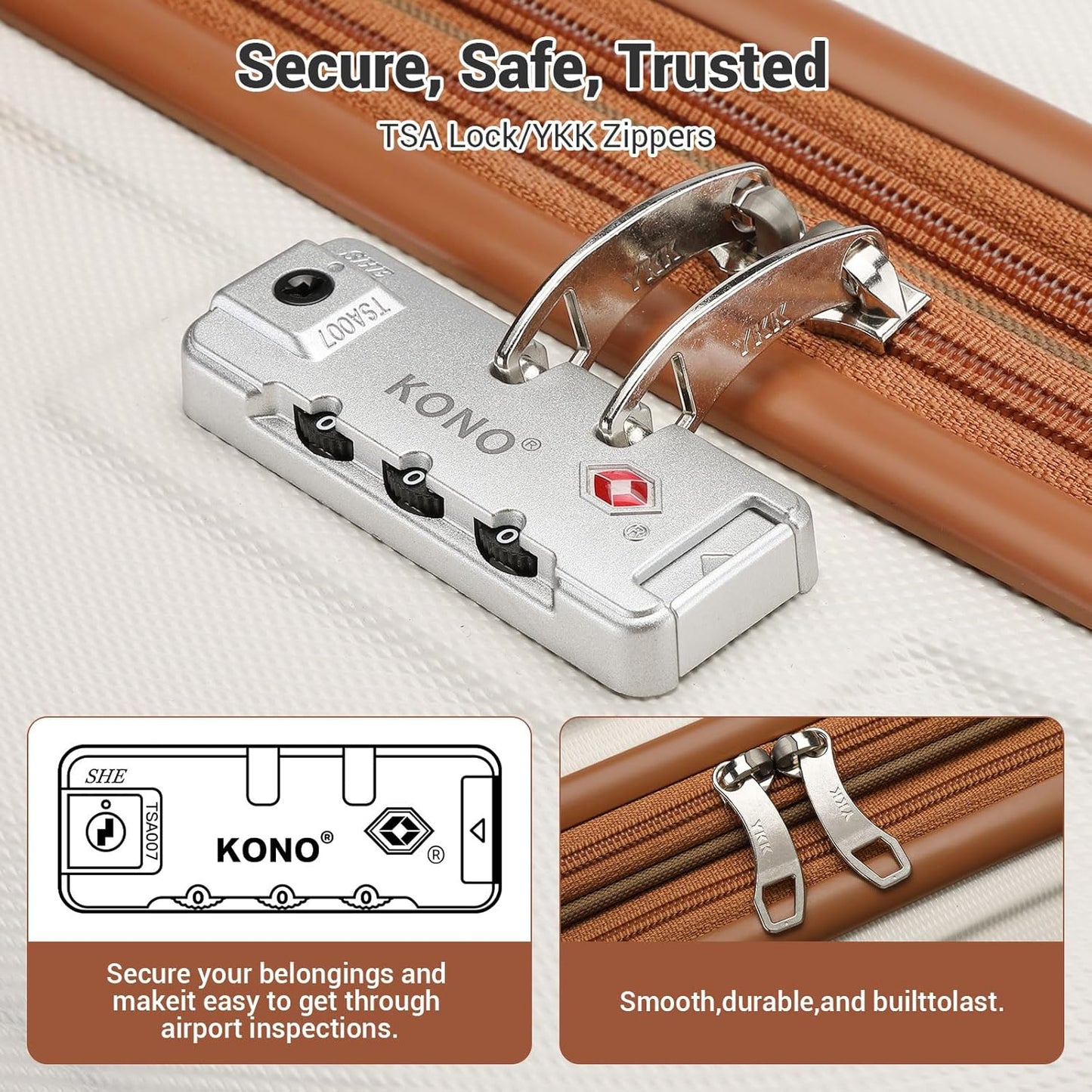 Kono Luggage 3 Piece Set Suitcase Spinner Hardshell Lightweight TSA Lock For Women(cream white, 3 piece set(20in24in28in))