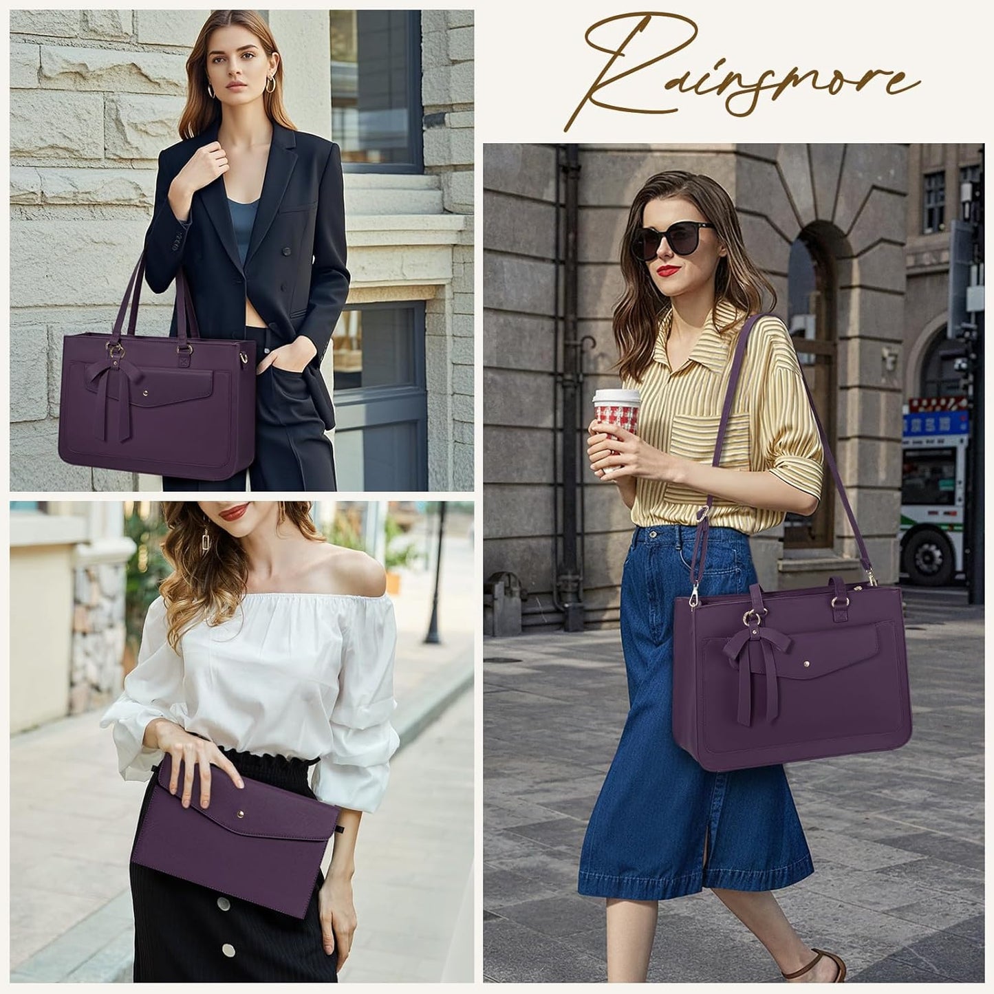 RAINSMORE Laptop Bag for Women 15.6 Inch Work Tote Bags Leather Laptop Tote Waterproof Computer Bag Professional Office Business Briefcase Large Handbag for College Teacher Travel, Purple
