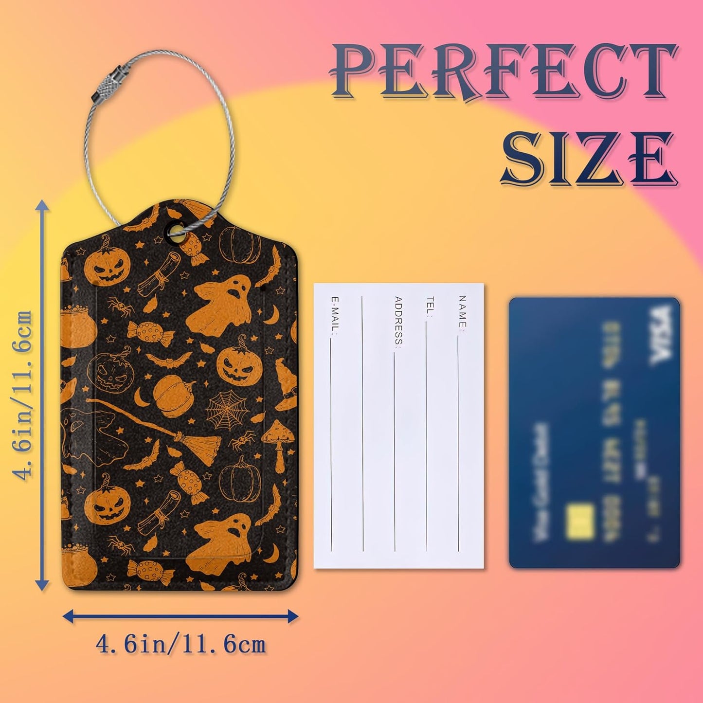 2 Pack Luggage Tags for Suitcases,Halloween Pumpkin Broom Candy Mushroom Bat Luggage Tag,Leather Stainless Steel Loop Label Tag for Women Men Girls Travel Bag Suitcase