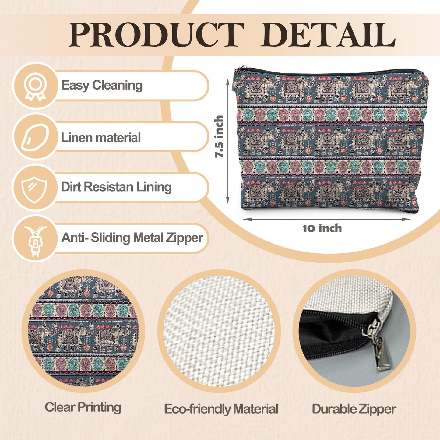 Bohemian Elephant Makeup Bag, Ethnic Indian Elephant Cosmetic Bags Toiletry Bag for Women, Elephant Gifts for Women, Boho Gifts for Women