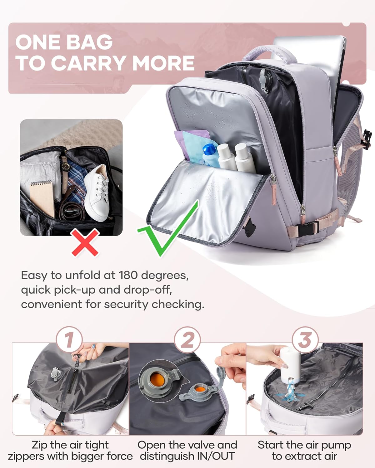 Vacuum Backpack Travel with Pump,Compression Vacpack Backpack With Shoe Compartment, 18.5x13x7.9IN Personal Item Travel Bag,Airline Approved Carry on Luggage(Light Purple)