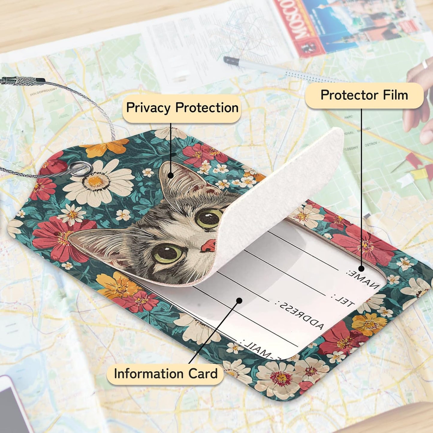 Cute Cat Luggage Tags for Suitcase,3 Pack Blooming Colorful Flowers Luggage Tag Leather Privacy Cover ID Label with Stainless Steel Loop for Women Men
