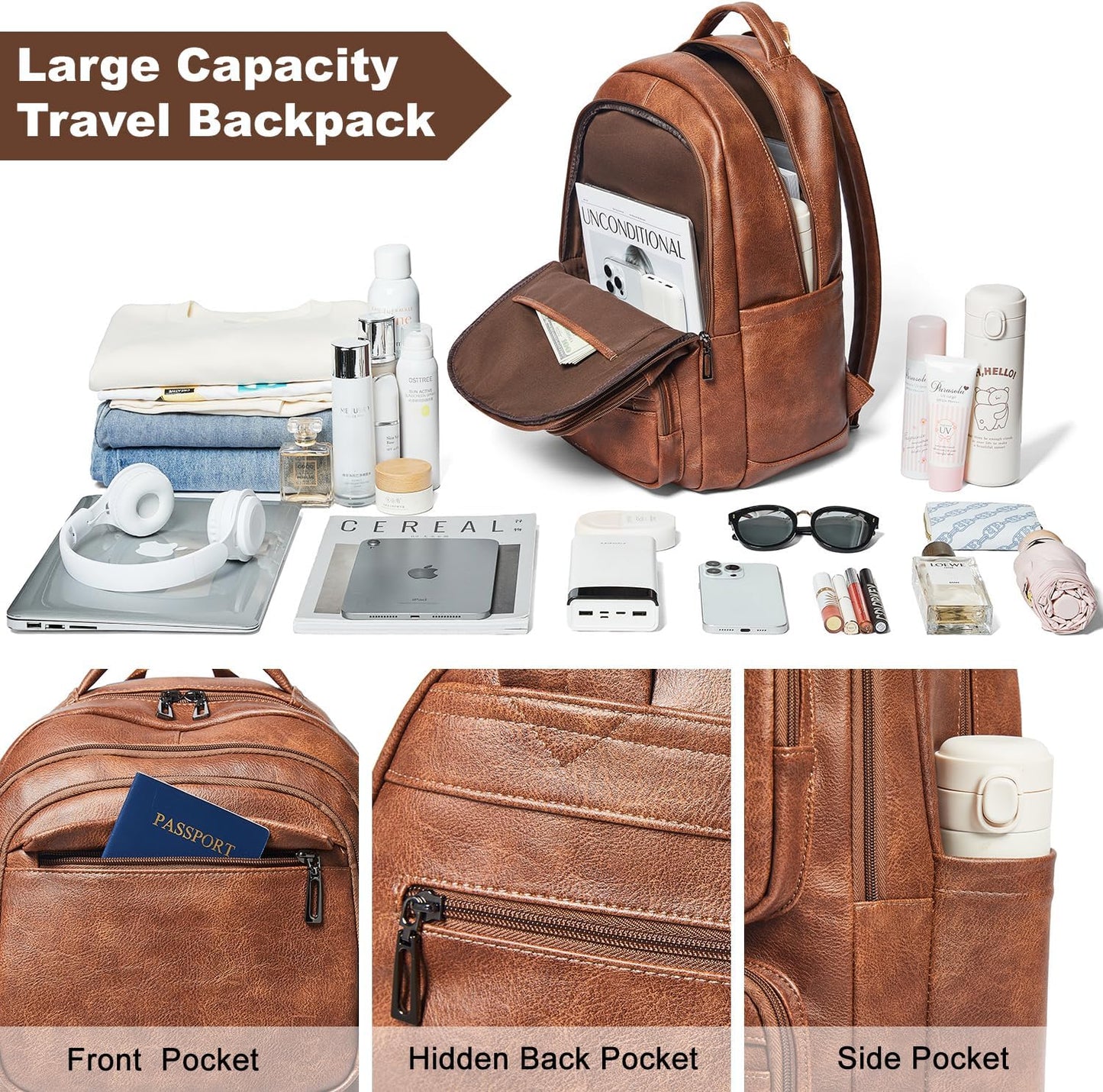 43L Backpack Purse For Women Leather Shoulder Diaper Bookbag Tote 17 16 15.6 Inch Laptop Bag Handbags For Travel Work College Large Brown