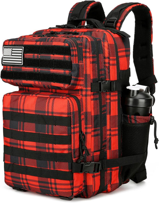 25L Tactical Backpack for Men and Women Military Backpack Army Assault Pack Molle Backpack Small Bug Out Bag Travel Rucksack Daypack (Red Plaid)