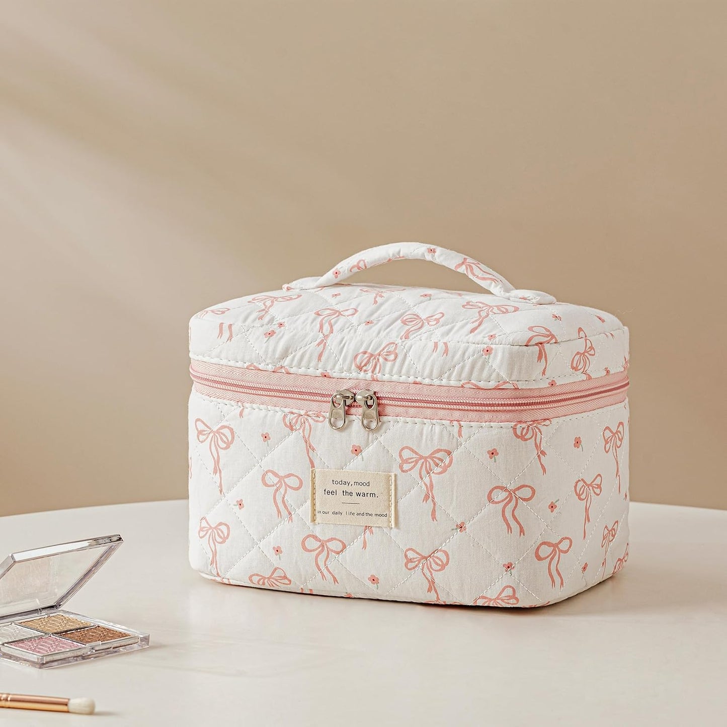 HBselect Quilted Makeup Bag, 3PCS Cotton Large Travel Makeup Bag, Cute Floral Coquette Make up Bag Cosmetic Bag Toiletry Bag for Women Girls