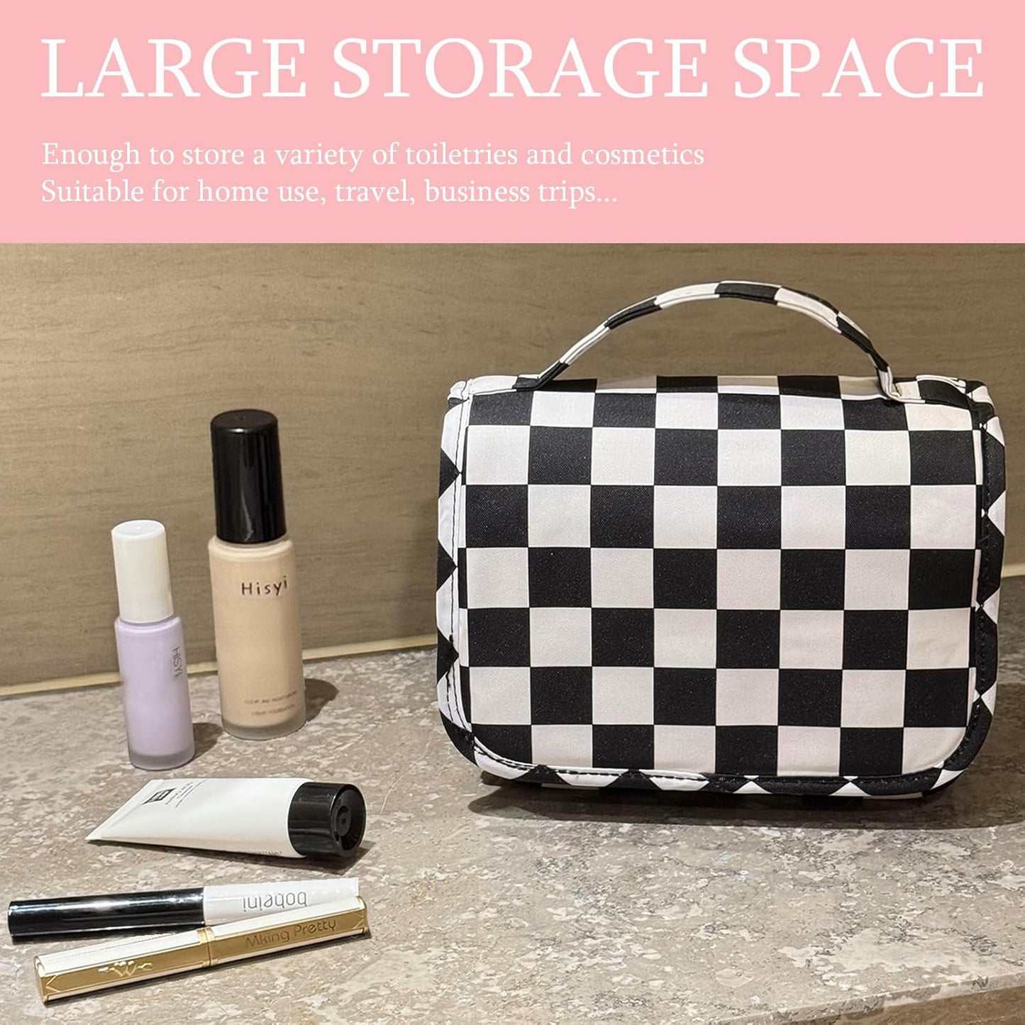 Crazy Bison Hanging Travel Toiletry Bag Kit Makeup Bag Cosmetics Organizer for Men Women (Black & White Checkerboard)