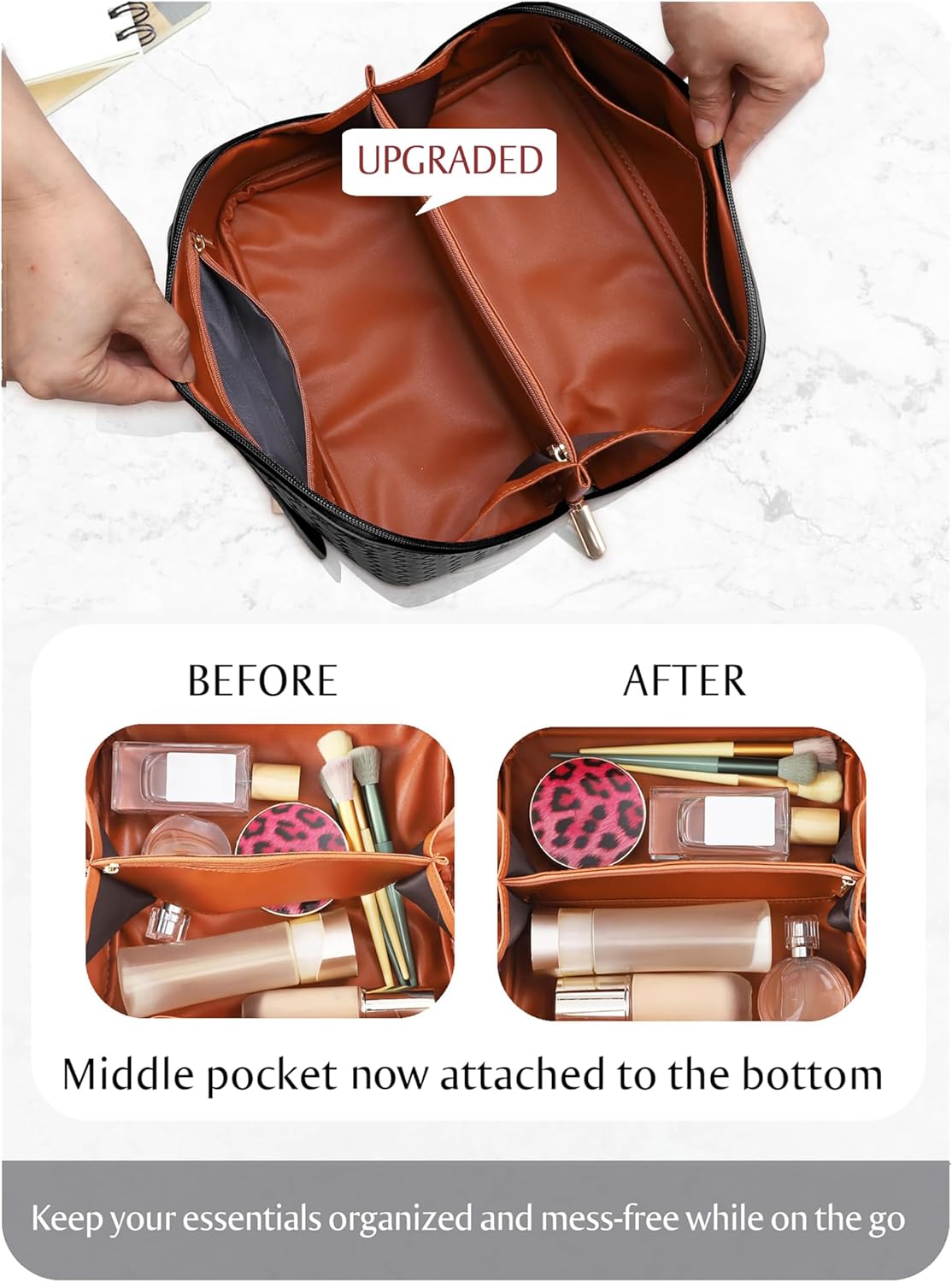 Large Capacity Travel Cosmetic Bag - Portable Makeup Bags for Women Waterproof PU Leather Checkered