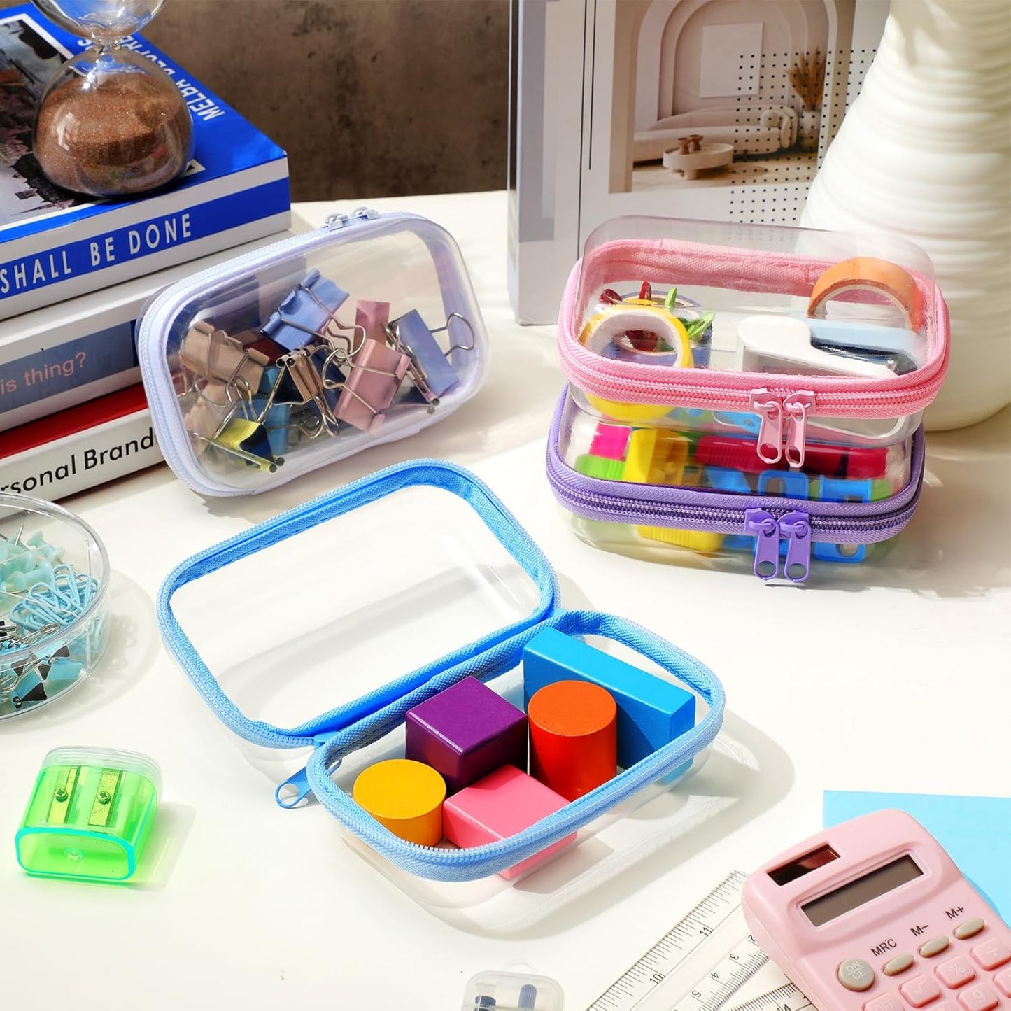 Hoolerry 4 Pcs Hard Clear Zipper Case Makeup Bags Plastic Pencil Pouch Transparent Storage Box