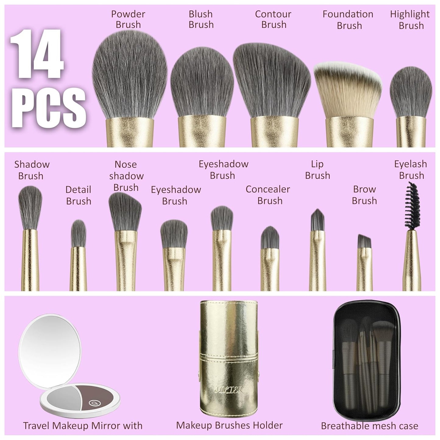 Jilier 14 pcs Mini Makeup Brushes and Pocket Mirror, Travel Makeup Brush Set, LED Compact Mirror