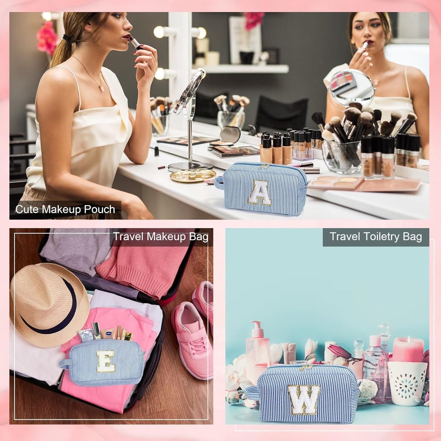 YOOLIFE Blue Cosmetic Travel Makeup Bag - Monogram Cute Initial Makeup Bags Cosmetic Toiletry Pouch