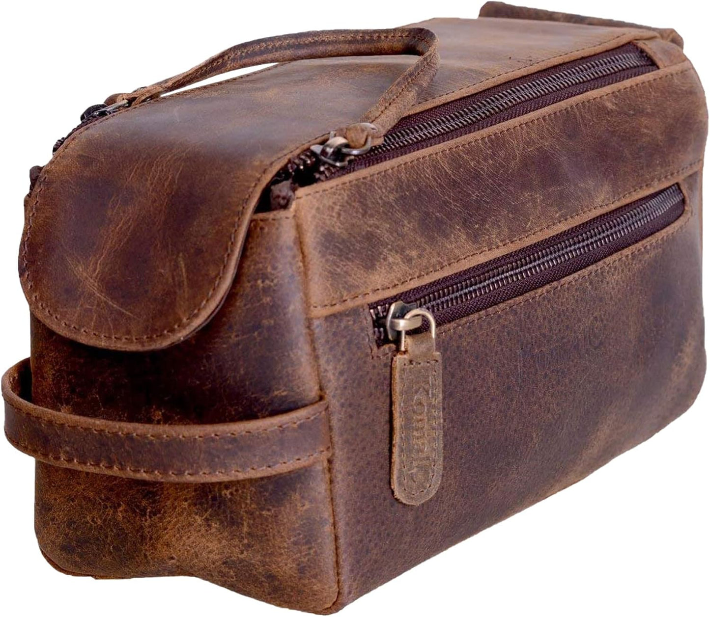 KomalC Premium Buffalo Leather Toiletry Bag for Men & Women – Leather Dopp Kit With Water resistant Lining, Premium Toiletry Travel Pouch, Unisex Wash Bag for Toiletries, Gifts for Men and Women