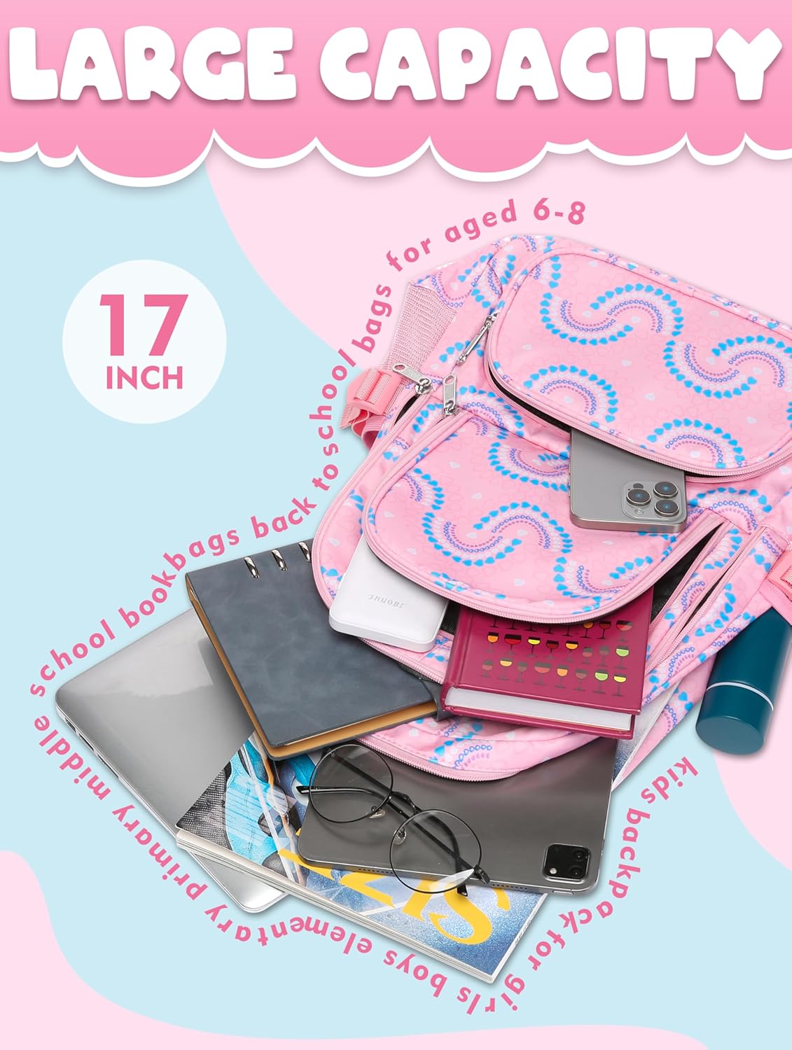 BLUEFAIRY Kids Backpacks for Boys Girls Elementary Primary Middle School Bookbags Back to School Bags for Childs Age 6-8 Mochilas Escolares para Niños Niñas 17 Inch Peach Pink