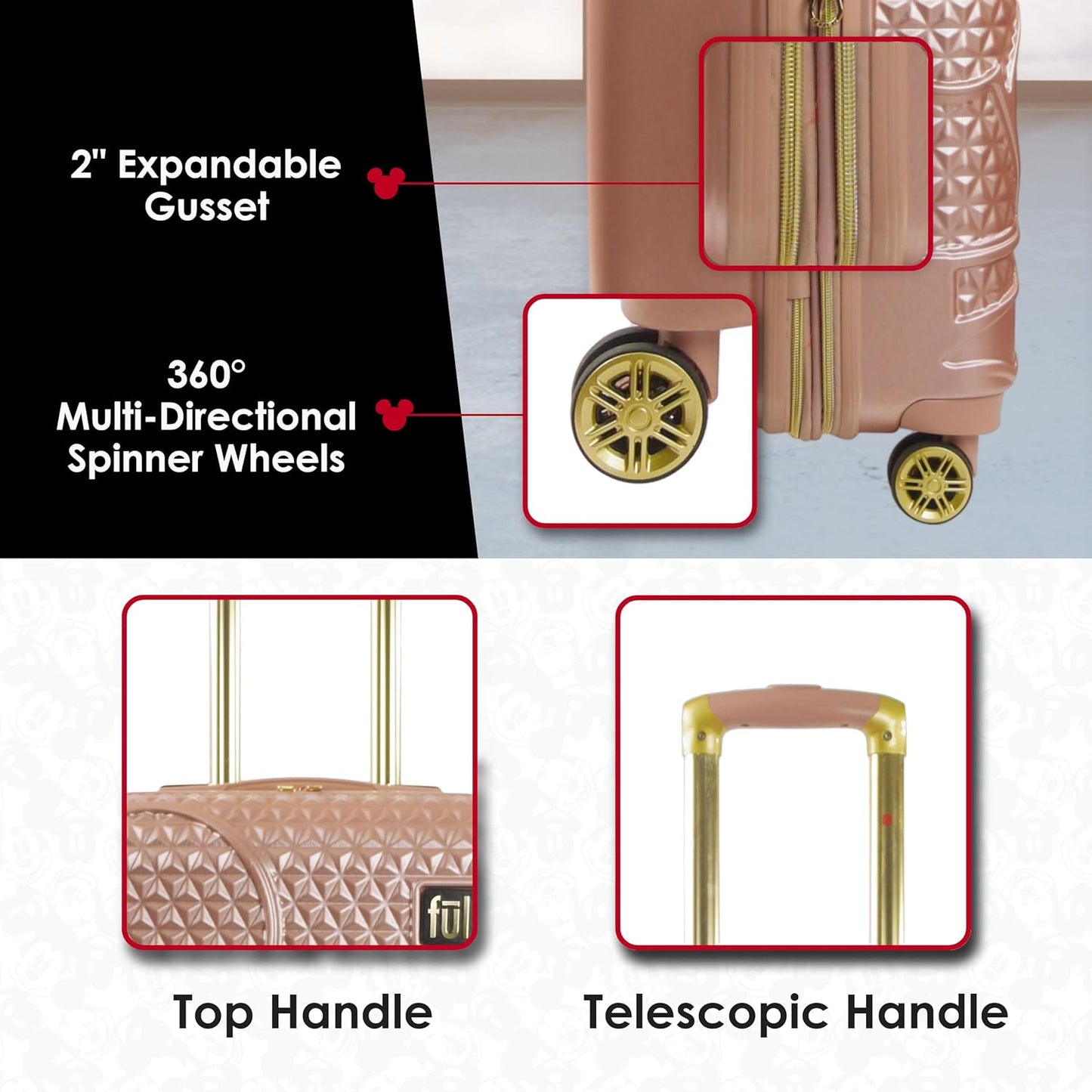 FUL Disney Mickey Mouse 21 Inch Carry On Luggage, Hardshell Rolling Suitcase with Spinner Wheels, Rose Gold