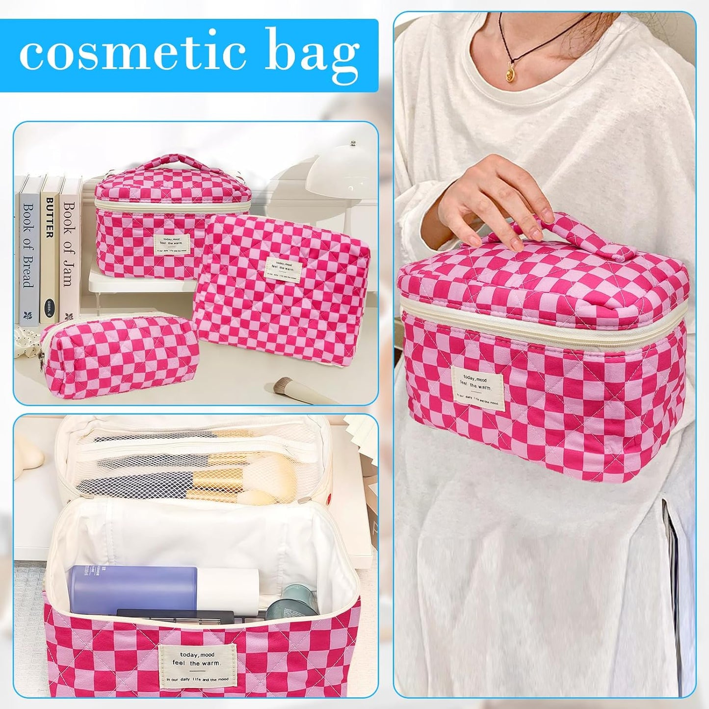 Quilted Makeup Bag, Large Capacity Travel Cosmetic Bag for Women and Girls, Aesthetic Storage for Daily and Travel Use (3pcs-PinkChecker)