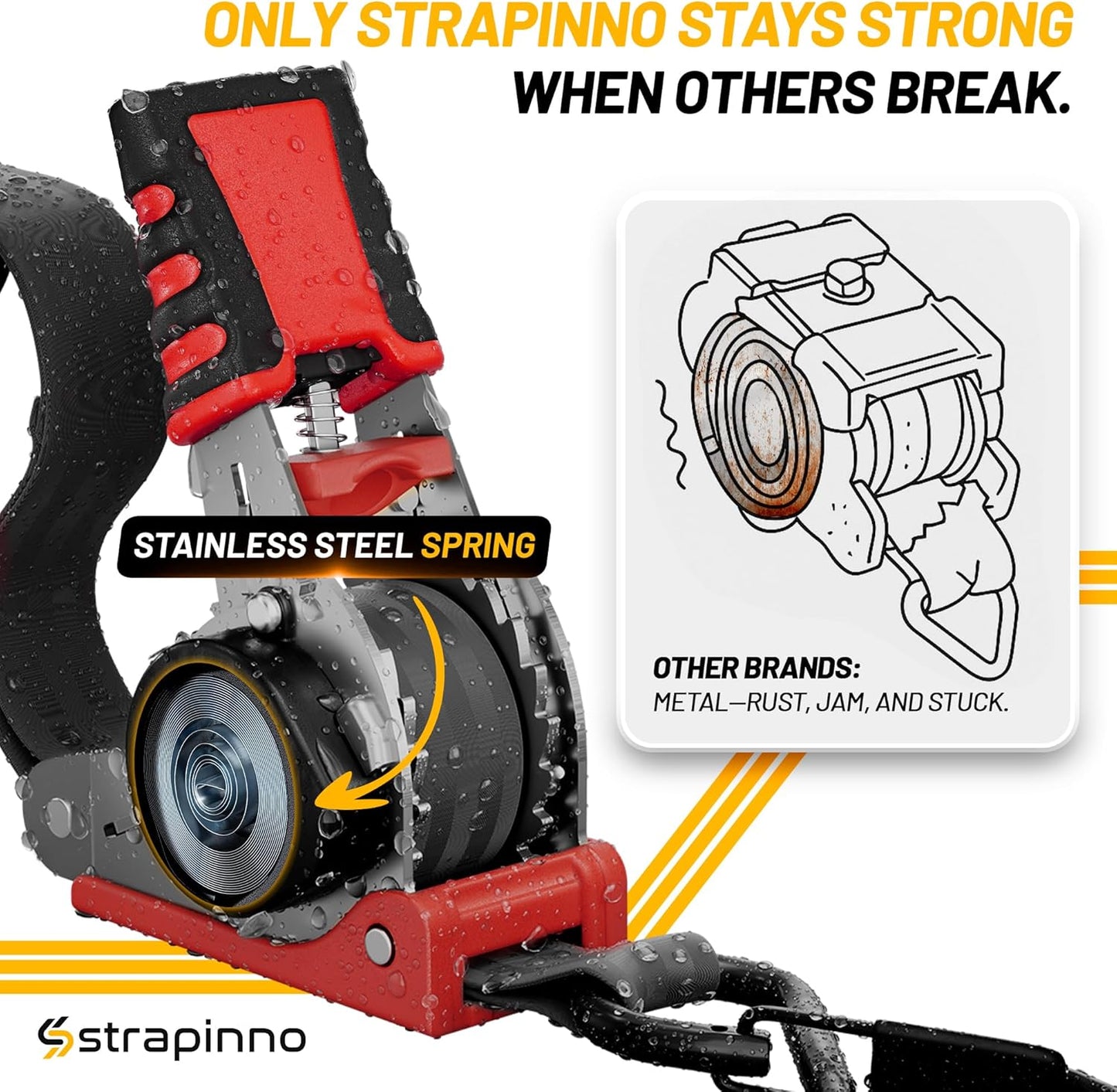 Strapinno Retractable Ratchet Straps 1 in x 10 ft, Secure Tie-Downs with Rubber-Coated Steel