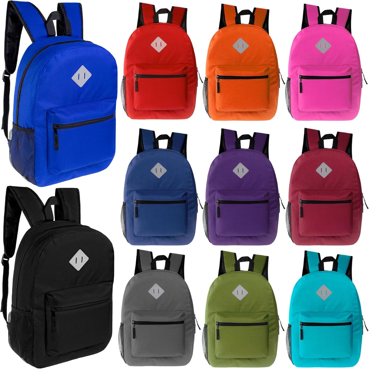 24-Pack 17" Classic Patch Backpacks for Kids, 11 Assorted Colors - Bookbags in Bulk for Elementary, Middle, and High School Students
