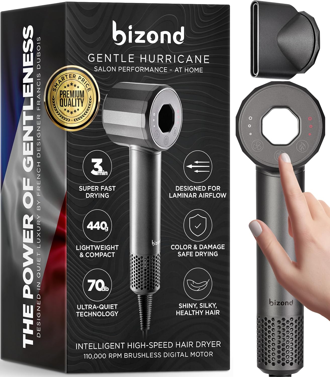 Ionic Hair Dryer Premium Quality, High-Speed Professional Brushless Motor 110,000 RPM, 1600W Power, 9 ft Long Cord and Magnetic Nozzle, Lightweight Blow Dryer, Ultra Quiet Fast Drying (Gray)