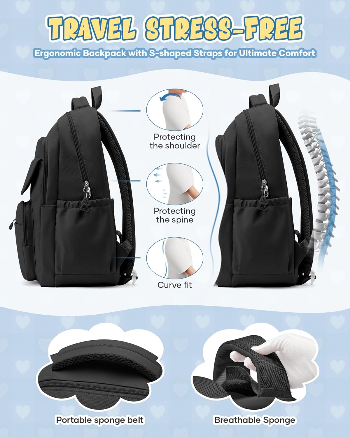 Black School Backpack for Women Men Cute Backpack for College Students Lightweight High School bag for Teens Girls Boys Waterproof Casual Daypacks Bookbag