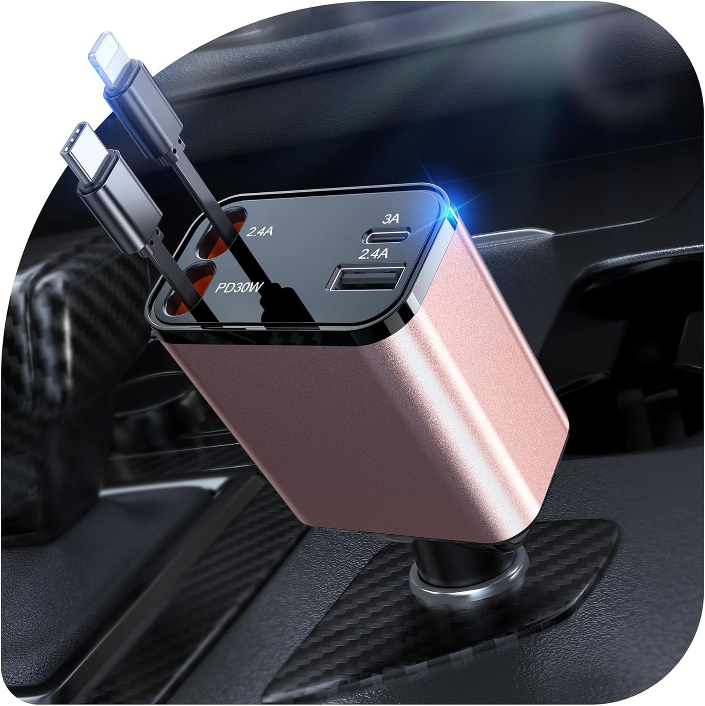 69W Retractable Car Charger, 4-in-1 Fast Car Phone Charger with 2.6ft Two Retractable Cables and USB C+USB A Car Charging Block Cube, Compatible with iPhone 14 15 16 17 Pro Max Plus,Galaxy,Pixel(Pink)