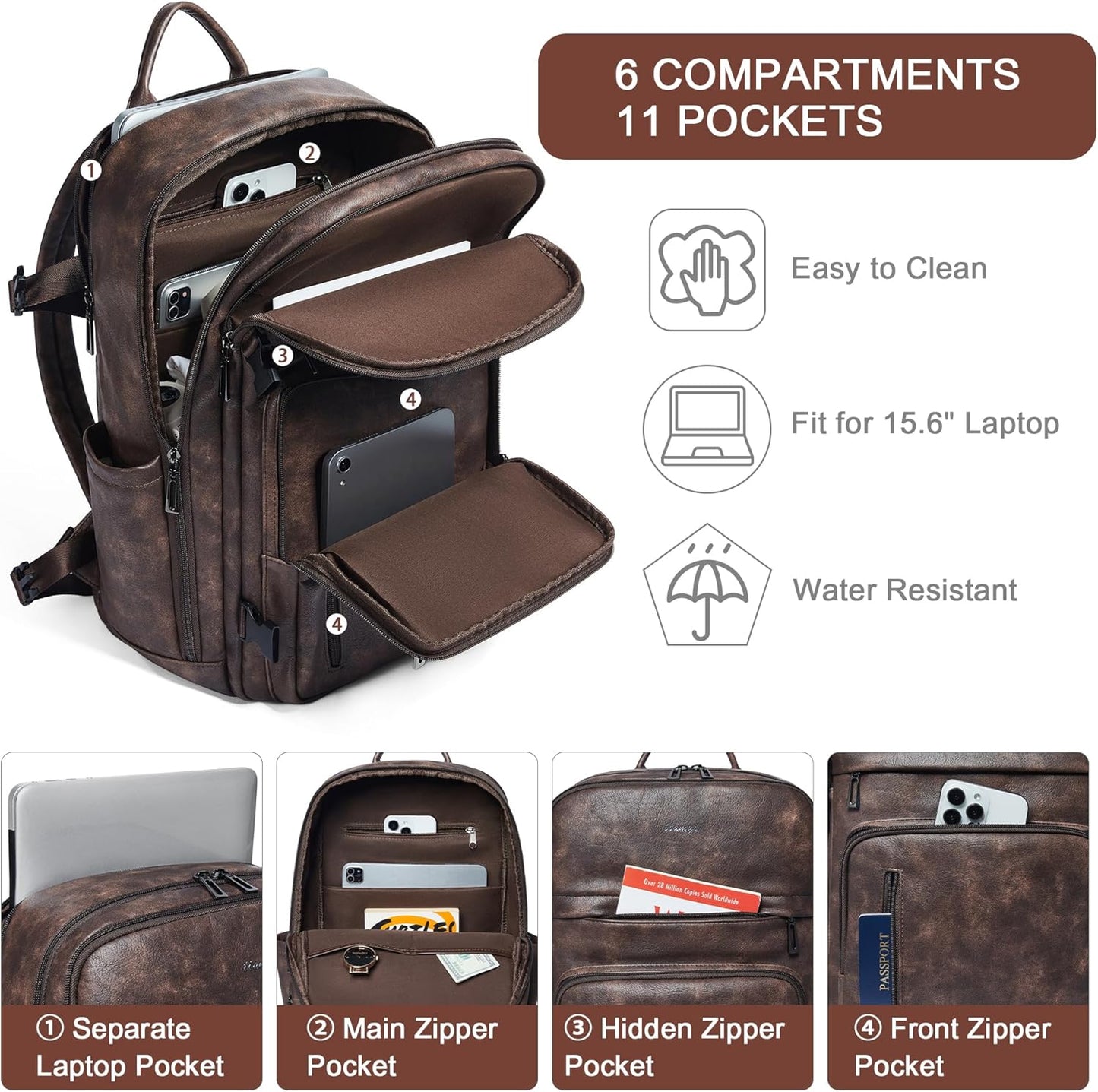 Leather Laptop Backpack for Women, Featuring a 15.6" Padded Laptop Compartment, Water Bottle Pocket and Trolley Sleeve, Ideal for Work, Travel, Everyday Use, and as a Thoughtful Gift