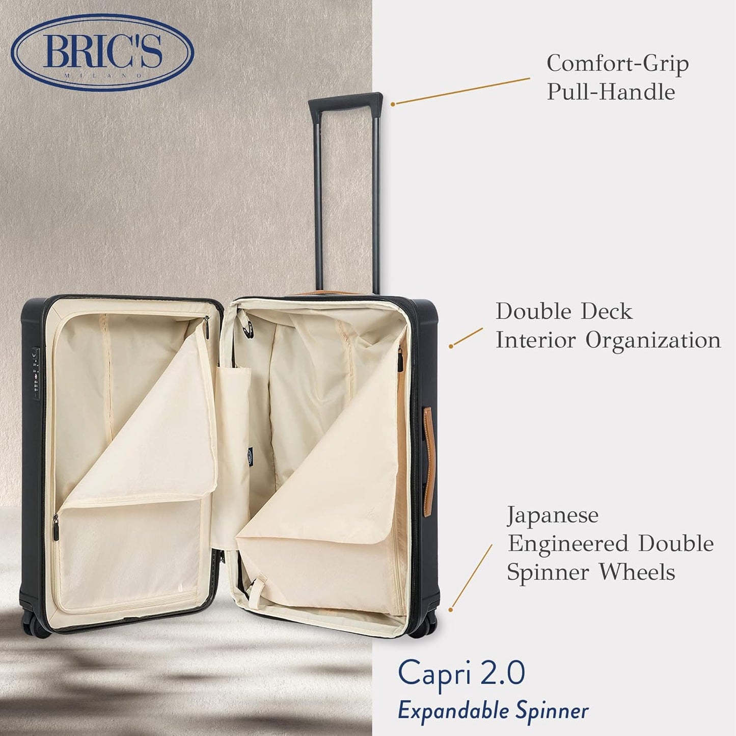 Bric's Capri 2.0 27"-Inch Spinner - Expandable Luxury Check-In Luggage With Spinner Wheels - Lightweight Check-In Suitcases with Wheels Made From Durable Polycarbonate - Matte Black