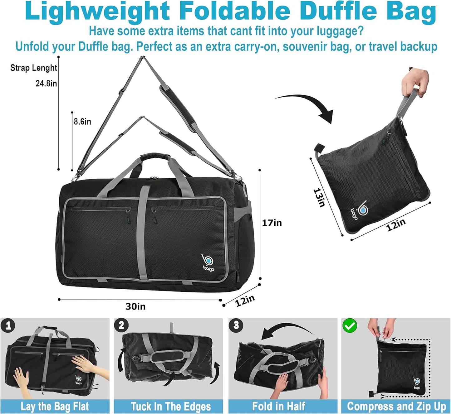 Bago Large Foldable Duffel Bags for Traveling Women & Men - 100L Packable Duffle Bag for Travel