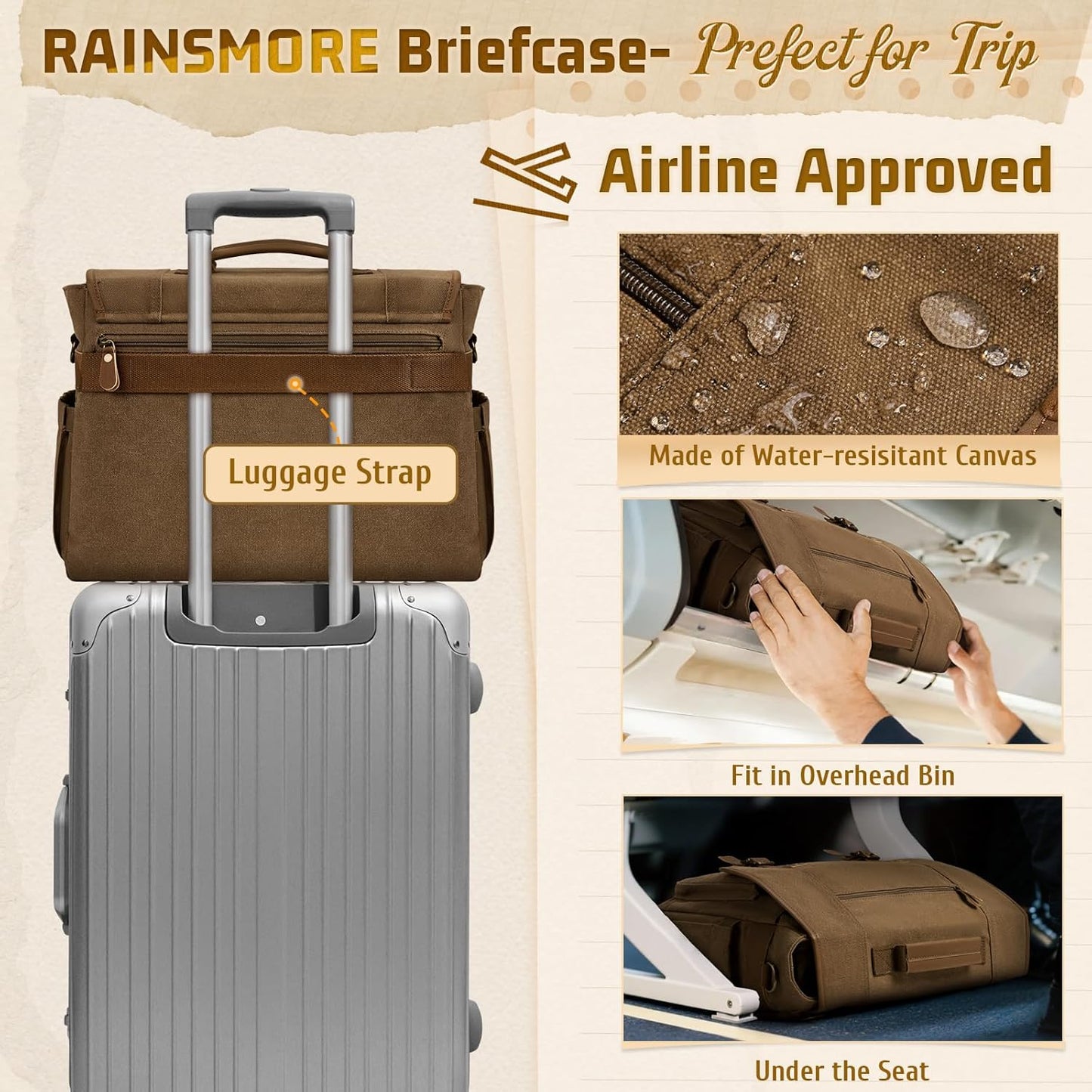 RAINSMORE Mens Messenger Bag 17-17.3 Inch Vintage Canvas Briefcase Water-resistant Large Computer Laptop Bag Rugged Satchel Shoulder Bag for Work Travel, Bookbag for College