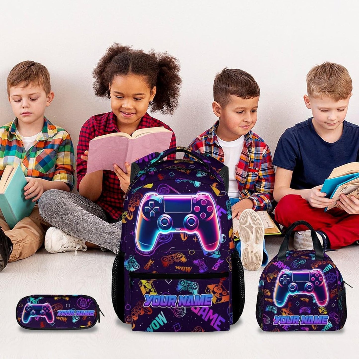Kids Backpack with Lunch Bag and Pencil - 17 Inch Custom Gamer Backpack Set for Boys Girls - Personalized Cool Gaming School Bag for Primary Middle