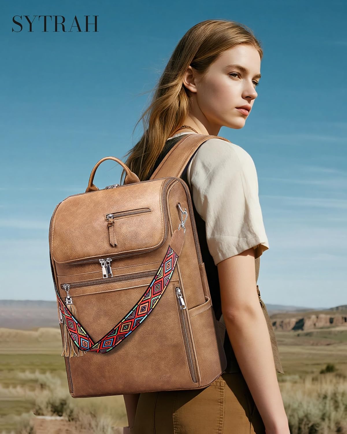 Leather Laptop Backpack for Women Designer Laptop Bag, 16.5 inch Travel Computer Backpacks Purse with Tassel for Work Business with Satchel Purse Camel Brown