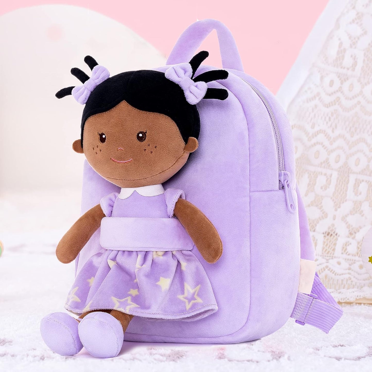 Onetoo Back to School Gifts for Girls Toddler Kids Backpack with Soft Tanned Baby Dolls in Purple Star Dress 9.5"